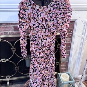Zara Pink and Black Floral Long Sleeve Dress